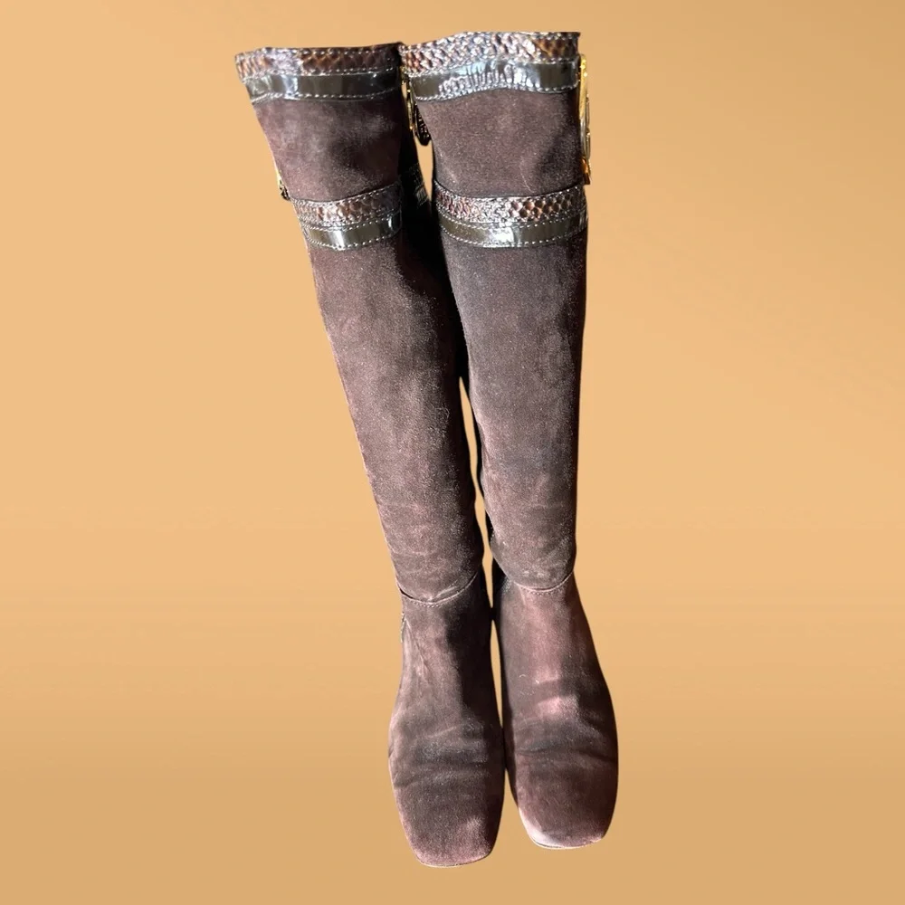 Tori Burch size 7 Brown Gold‎ Sabina suede and snake tall riding heeled boots